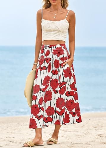 Wenrine Womens Floral Print Maxi Skirt High Waisted A Line Boho Flowy Beach Vacation Long Skirts with Pockets Red - Thumbnail 2
