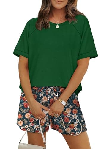 WIHOLL 2 Piece Sets for Women Two Piece Lounge Short Sets for Women Vacation Outfits 2026 Matching Sets Women's Fashion Clothing Beach Vacation Pajamas Set Summer Outfits Green Floral XL - Image 1