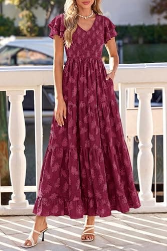 dowerme Maxi Dresses for Women 2026 Summer Ruffle Sleeve V Neck Smocked A Line Floral Boho Tiered Sundress Spring Outfit(Burgundy,XX-Large) - Thumbnail 3