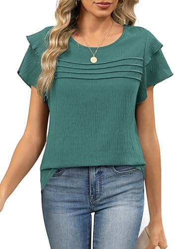 Funlingo Womens Tops Dressy Casual Summer Ruffle Short Sleeve Blouses Crew Neck Pleated Office Work Shirts 2026 Business Casual Outfits Turquoise L - Image 1