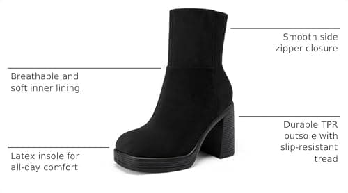Athlefit Women's High Chunky Heel Platform Ankle Boots Black Suede Size 9 - Thumbnail 3