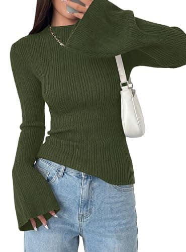 PRETTYGARDEN Sweaters for Women Lightweight Mock Neck Bell Long Sleeve Fitted Tops Ribbed Pullover 2026 Fall Fashion Clothing (Army Green,X-Large) - Image 1
