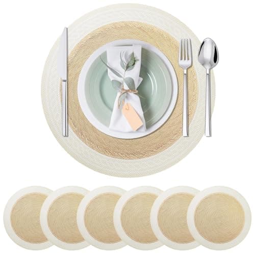 Kaixinbao 15 Inch PVC Vinyl Placemats,Set of 6 Round Place Mats,Waterproof Circle Place Mats,Non Slip Durable Wipeable Table Mats for Kitchen,Dining,Party,Camping(6, Geometric Embossing)