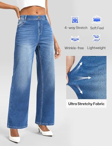 AVAMO Wide Leg Jeans Woman Stretchy Pull on Sweatpant Jeans for Women Elastic High Waisted Straight Leg Baggy Denim Pants Medium Wash - Thumbnail 3