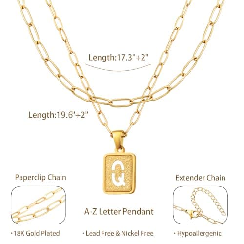 LETFLY Initial Gold Necklaces for Women, 18K Gold Plated Letter Layering Necklace Square Shaped Pendant with Adjustable Paperclip Chain for Womens Jewelry Gifts Alphabets Q - Thumbnail 4