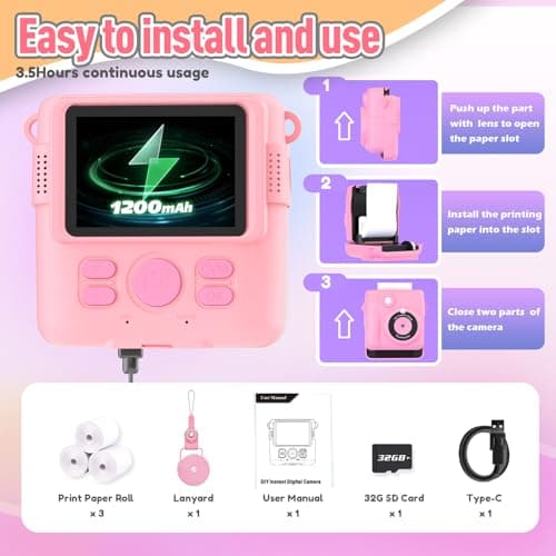 ESOXOFFORE Instant Print Camera for Kids, Christmas Birthday Gifts Girls Boys Age 3-12, HD Digital Video Cameras Toddler, Portable Toy 3 4 5 6 7 8 9 10 Year Old Girl with 32GB SD Card-Pink - Thumbnail 6