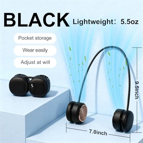 Suzii Portable Neck Fan Rechargeable, 8 Hours Hands Free Bladeless Personal Fan with 5 Speeds, 5oz Light Foldable Wearable Cooling Fan, 360° Adjustable for Men, Gym, Office, Travel and Outdoor Black - Thumbnail 2