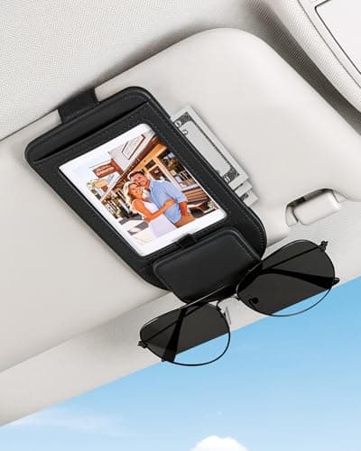 Tmengdao Car Visor Sunglasses Holder, 3 in 1 Glasses Clip with Photo Picture Display & Extra Storage Pocket, Anti-Slip Universal Sun Visor Organizer, 2026 Upgraded (1, Black)