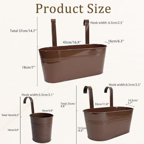 Joyfernal Set of 6 Balcony Hanging Planters, 2 Pcs 17" Metal Railing Flower Pots & 2 Pcs 12" Deck Planter & 2 Pcs 4" Fence Pot for Outdoor Patio Garden Décor, Chocolate - Thumbnail 5