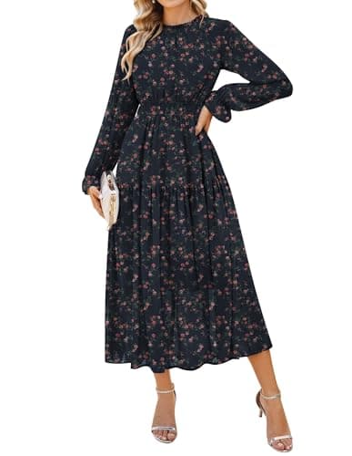 GRACE KARIN Women's Long Sleeve Maxi Dress Fall 2025 Chiffon Flowy Wedding Guest Dresses Floral Tiered Dress Navy Blue XL - Image 1