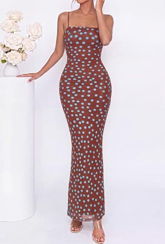 BTFBM Womens Summer Maxi Dress 2026 Floral Mesh Spaghetti Straps Sleeveless Sexy Bodycon Wedding Cocktail Party Dresses(Dot Coffee Blue, X-Large) - Thumbnail 5