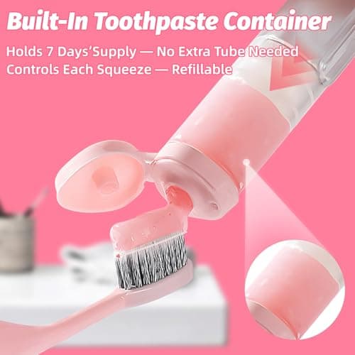 LRTOEH Travel Toothbrush with Built-in Toothpaste Container, Foldable Toothbrush with 2 Soft Brush Head, Portable Reusable Toothbrushes for Business Trips, Camping, Travel Size (Pink) - Thumbnail 3