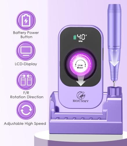 Portable Electric Nail Drill Machine: Professional Nail File Machine 40000RPM, Rechargeable Cordless Nail-E File with Bits & Base for Acrylic Nails Remove Gel Polish Manicure Salon Home, Light Purple - Thumbnail 2