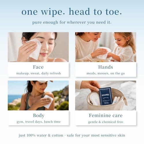 Blissmile 100% Water & Cotton Wet Wipes Travel Size - Individually Wrapped - Fragrance & Preservative-Free for Baby, Women & Sensitive Skin - Gentle Hand, Face, Body & Feminine Care - 22 Count - Thumbnail 5