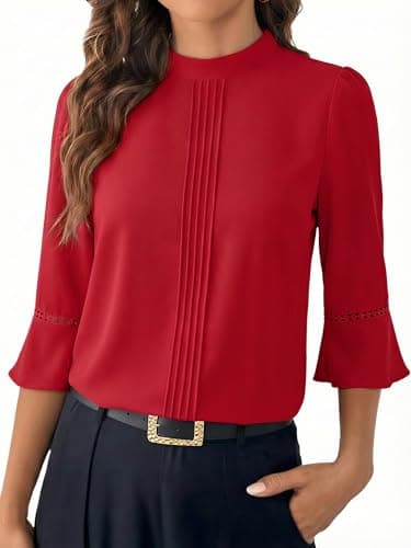 Funlingo 3/4 Length Sleeve Womens Tops Spring Trendy Dressy Casual Blouses Spring Mock Neck Pleated Work Shirt Lace Cuffs Red 3XL - Image 1