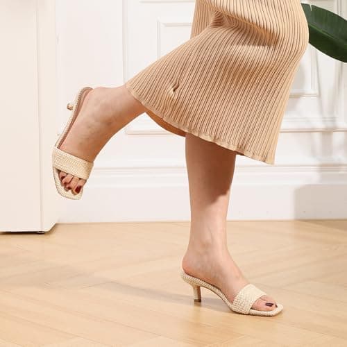 Ancomafio Kitten Heel Sandals Raffia Low Heels 2 Inch Square Open Toe Sandals for Women Slip on Summer Vacation Casual Shoes Size 7.5 - Thumbnail 5