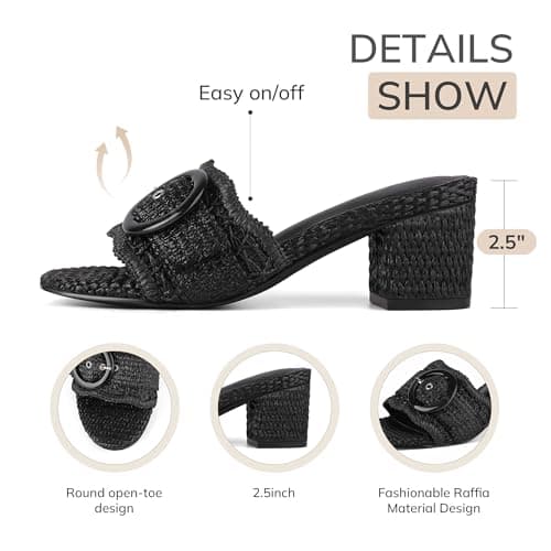 Grakihily Womens Raffia Mule Slides Sandals Open Toe Backless Buckle Heeled Sandals Chunky Block Heel Bohemia Beach Dressy Slip on Summer Shoes,Black Size 10 - Thumbnail 4