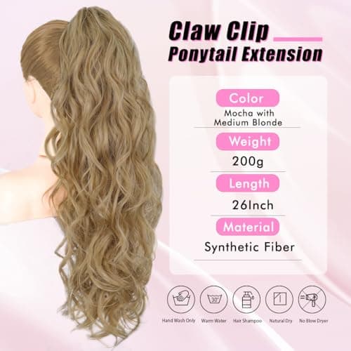 LRSICAL Ponytail Extension, Claw Clip Ponytail Extension Long Wave Ponytail Extensions for Women Fluffy Natural Synthetic 26 Inch Hairpiece for Daily Use(Color:Mocha with Medium Blonde） - Thumbnail 2