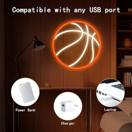 Basketball Neon Sign, 11.02×11.02 Inch LED Neon Light for Wall Decor, USB Powered Dimmable Sports Decor for Living Room Bedroom Game Room（Warm White & Orange） - Thumbnail 5