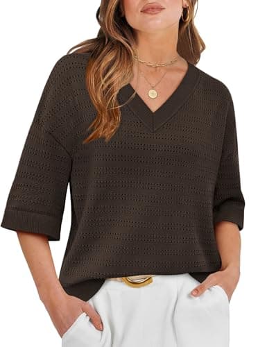 WIHOLL Business Casual Outfits for Women 3/4 Length Sleeve Sweaters Lightweight V Neck Spring Tops Office Work Blouses Dressy Summer Fashion Womens Clothing Chocolate Brown XL - Thumbnail 2