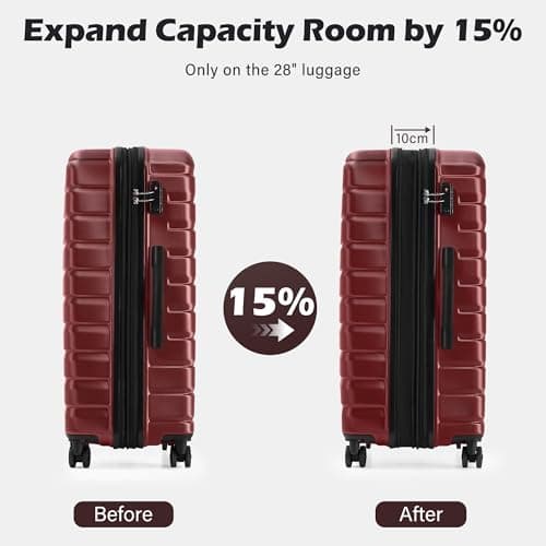 Coolife Luggage Sets, 3 Piece Hard Shell Suitcase Set with Spinner Wheels, Expandable Large Checked Luggage, Lightweight Rolling Carry On with TSA Lock Wine Red - Thumbnail 5