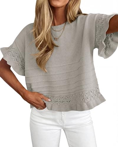 KIRUNDO Short Sleeve Sweater for Women 2026 Spring Summer Tops Crochet Round Neck Ruffled Hem Knit Pullover Casual Blouse(Grey, Medium) - Image 1