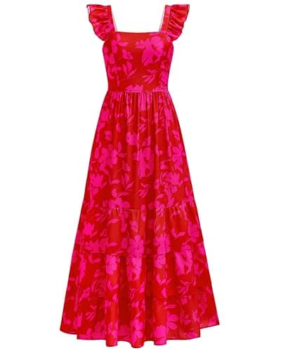 dowerme Summer Dresses for Women 2026 Casual Ruffle Smocked Tiered A-Line Boho Floral Maxi Beach Sun Dress with Pockets(Red Rose Red Flower,Large) - Image 1