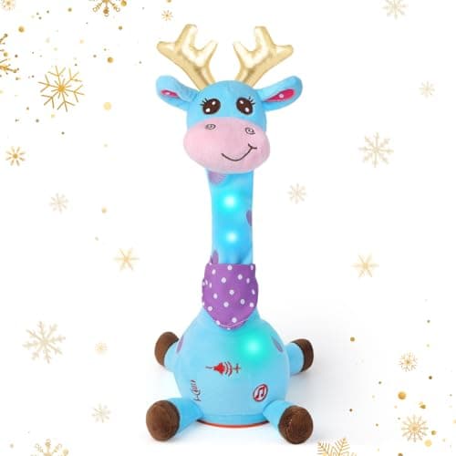 LLUKEME Dancing Talking Giraffe with Golden Antlers Toy, Stuffed Animal Baby Toy Repeating What You Say, Musical Toy with Golden Anlters Easter Gifts for Toddlers 1-3 Years Old (Blue Giraffe Antlers) - Image 1