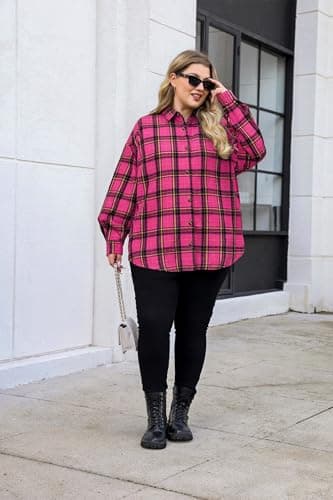BLANCHES Plus Size Flannel Shirts for Women Lightweight Plaid Shirt Button Down Blouses Casual Boyfriend Shacket Pink - Thumbnail 5