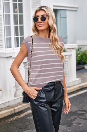 Arach&Cloz Womens Spring Summer Tops 2024 Cap Short Sleeve Striped Fashion Casual Cute Trendy Tank Sleeveless Sweater Vest Pink - Thumbnail 4