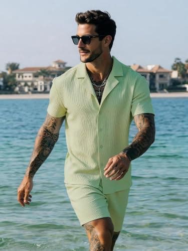 JEMLDL Two Piece Set for Men Textured Button Down Shirt Casual Matching Shorts and Shirt Summer Travel Clothes Light Green XL - Thumbnail 4