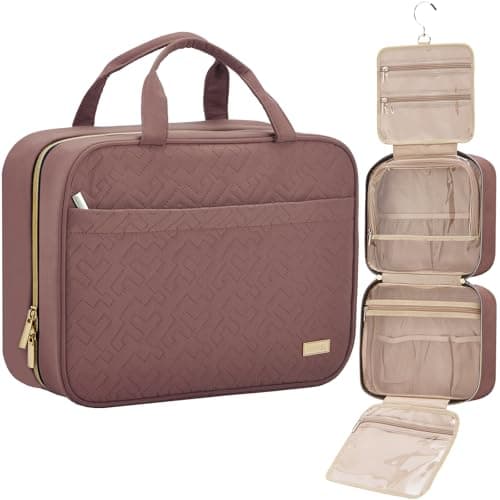 NISHEL Travel Toiletry Bag for women, Portable Hanging Organizer for Full-Sized Shampoo, Conditioner, Brushes Set, Makeup Accessories, Large Size, Rosewood-Pink - Image 1