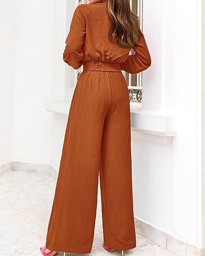 PRETTYGARDEN Women's 2 Piece Outfits 2026 Spring Fashion V Neck Long Sleeve Strappy Crop Top Wide Leg Pant Lounge Sets(Brown Orange,Small) - Thumbnail 5