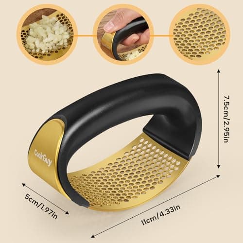 Cook Guy 304 Stainless Steel Garlic Press Rocker Set - Premium Garlic Mincer, Crusher, Peeler, and Scraper Tool for Effortless Mincing - Comfortable Grip Garlic Grinder (Gold) - Thumbnail 3