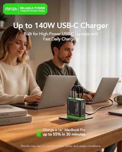 Mfish E-Rhino 140W USB-C Charger, True PD 3.1 GaN Fast Charger, 4-Port (3 USB-C + 1 USB-A) Foldable Plug Power Adapter for MacBook Pro 16”, iPhone 17/16, iPad, Galaxy, Tablet, Laptop Black - Thumbnail 3