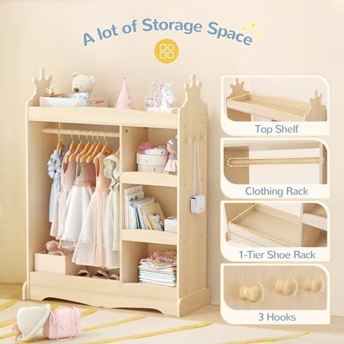 Curipeer Kids Dress up Storage with Mirror, Kids Wardrobe with Storage & 3 Hooks, Kids Closet for Girls Boys, Kids Costume Organizer, Open Hanging Armoire Wardrobe Closet for Bedroom, Natural - Thumbnail 3