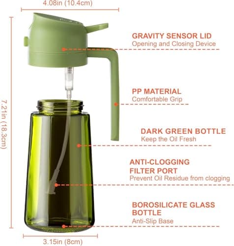 XBllcyiv 16oz/470ml Glass Olive Oil Sprayer for Cooking - 2 in 1 Olive Oil Dispenser for Kitchen Gadgets, Air Fryer, Salad, and BBQ (Green) - Thumbnail 2