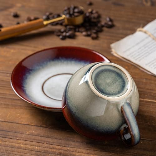 Tvvtuww Porcelain Coffee Cup with Saucer Spoon Set, Vintage Design Ceramic Latte Art Cappuccino Barista Espresso Tea Cup with Saucer (11.6 oz, 350ml, Ink red) - Thumbnail 4