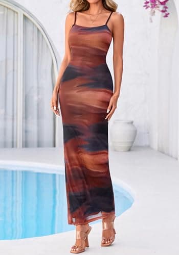 BTFBM Womens Maxi Dress 2026 Spring Floral Sexy Spaghetti Straps Sleeveless Bodycon Summer Beach Wedding Guest Dresses(Dark Red Print, Large) - Thumbnail 5