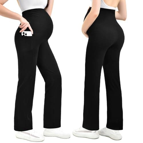 Leafigure Maternity Pants with Pockets Over The Belly Lounge Wide Leg Yoga Pants for Women Pregnancy Black M - Thumbnail 2