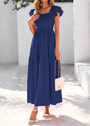 KIRUNDO Smocked Summer Dresses for Women 2026 Wedding Guest Midi Flowy Ruffle Short Sleeve Square Neck Tiered Sundress(Dark Blue, X-Large) - Thumbnail 4