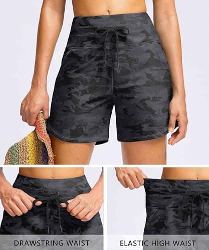 Viodia Women's 5" High Waisted Swim Board Shorts Quick Dry Beach Shorts with Pockets UPF 50+ Swimsuit Bottoms with Liner Black camo L - Thumbnail 4