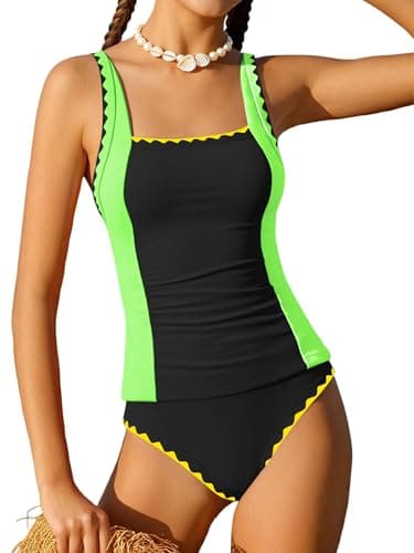 GEMLON Girls Summer Swimwear Solid Color Padded Adjustable Strap Swimsuit Ruched Tankini Set 2 Piece Beach Bathing Suit （Black, 9-10 Years - Image 1