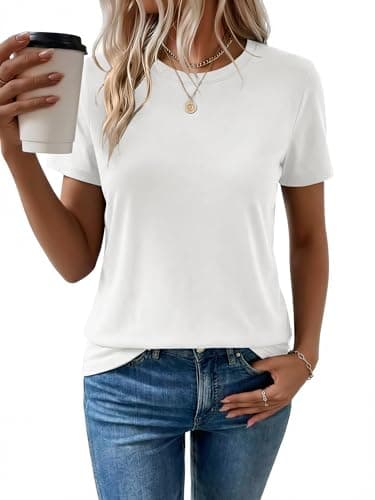 Women's T Shirt Cotton Short Sleeve T-Shirts Crewneck Basic Solid Color Tee Loose Fit Shirts Breathable Comfy Summer Tops for Women 2026 White - Image 1