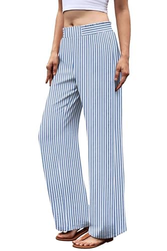 Sampeel Blue Striped Pants Women Wide Leg Summer Pants for Women with Pockets Lightweight Fashion Clothing Palazzo Trousers Beach Vacation Travel Outfits Clothes Loose XL - Thumbnail 2