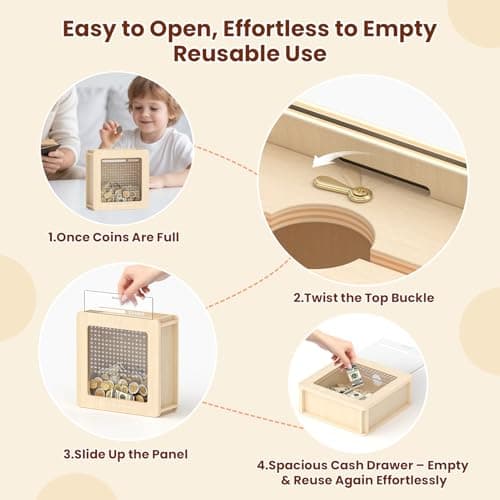 Summidate Wooden Money Saving Box: $10000 Challenge Cash Vault Piggy Bank - Thumbnail 4