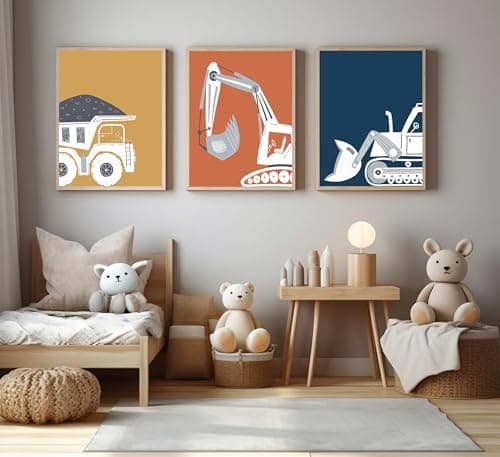 Wavkkey 3 Pcs Construction Truck Nursery Wall Art Excavator Dump Truck Tractor Poster Painting Picture Wall Decor Canvas Print Artwork Kids Room Boys Room Baby Room Home Decoration Unframed - Thumbnail 2