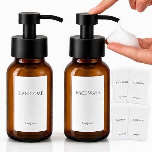2 Pcs Amber Glass Foaming Soap Dispenser with Pump - 8.5 Oz Stylish Foaming Soap Dispenser Glass with Durable Plastic Pump for Bathroom or Kitchen Use - Non-Slip Bottom, 6 Waterproof Label Stickers - Image 1