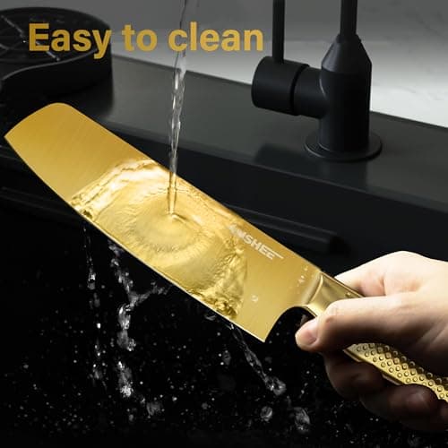 ANSHEE 7 Inch Japanese Santoku Knife High Carbon Stainless Steel Gold-Colored ProfessionalChef Knife,Multipurpose Kitchen Blade Ultra Sharp with Sheath/Gift Box for Meat,Veggies,Fruits Home&Restaurant - Thumbnail 6
