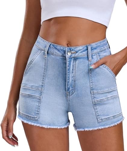 Aotasely 2026 Women's Stretchy Cargo Denim Shorts Mid Rise Jean Shorts Raw Hem Jorts with Pockets Short Jeans 3.5" Inseam - Image 1